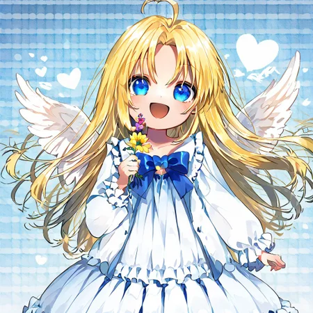 score_9, score_8_up, score_8, score_7_up, 
1girl, solo, AEFilo, blue eyes, blonde hair, ahoge, long hair, white wings, blue bowtie, white dress, frilled dress, frilled sleeves, long sleeves, barefoot, polka dots background, smile, open mouth, close shot, cute girl, looking at viewer,
cute, kawaii, hearts, holding flower, cupped hands,