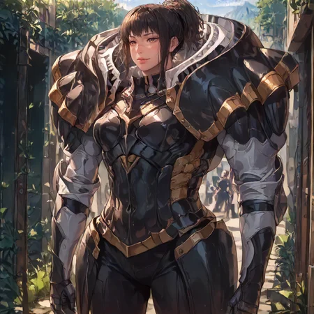 (solo:1.2), simple background, cowboy shot.  <lora:Clothing FEA Knight Armor-000016:1> f3akn1gt, black armor.   <lora:Character CSM Michiko Tendo v2:1> csmt3ndo, score_9, score_8_up, score_7_up, score_6_up, score_5_up, score_4_up, masterpiece, detailxl. BREAK
