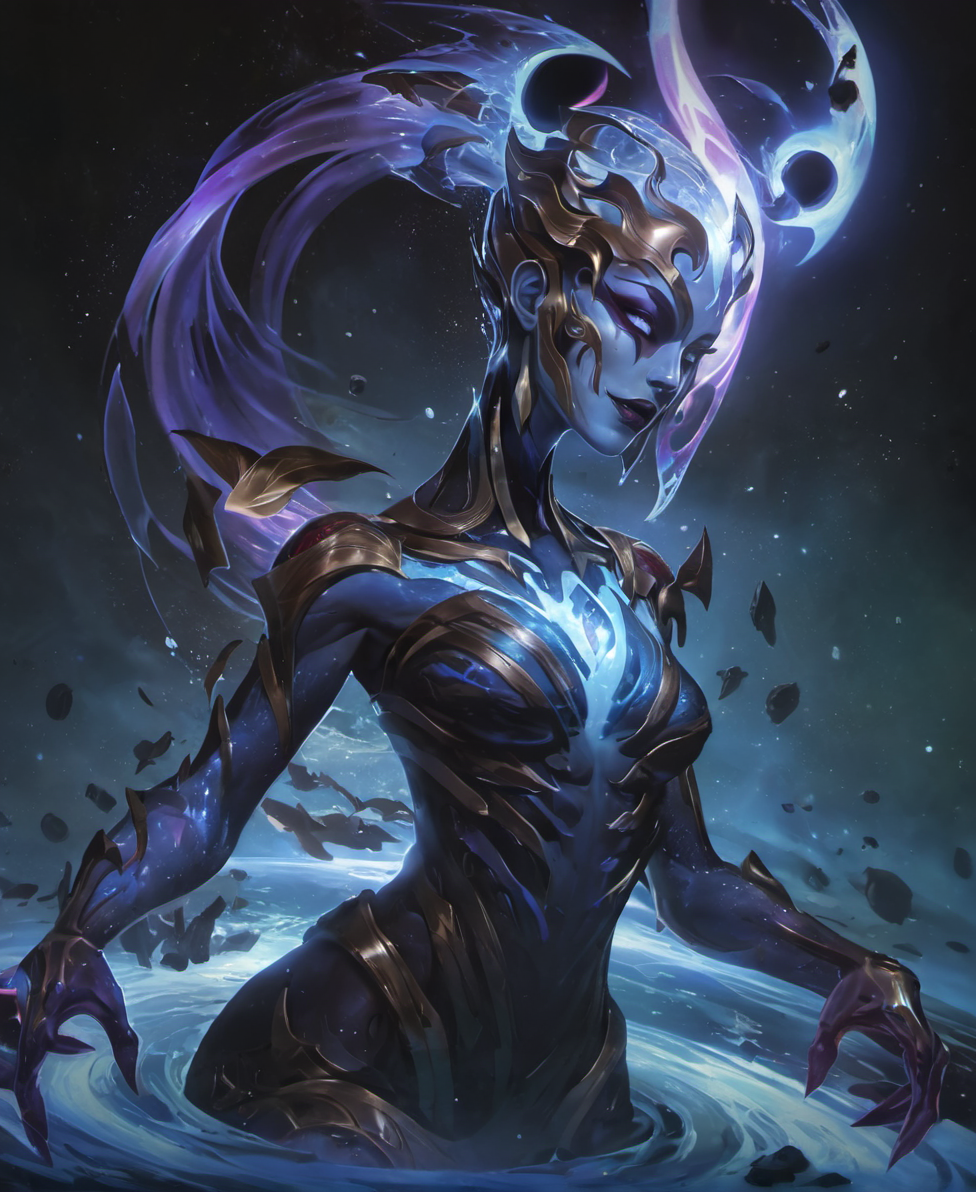csmicvoid style,hyperdetailed photography of ((beatiful and seductive female)) ,conductive elemental entity ,water elemental life form, (body formed from pure water,aquatic hurricane fused with thunders:1.2) ,floating aquatic particles in the air,elemental powers,angelic light armor infused with magic,epic,analog,masterpiece,8k,aquatic body,(azure blue glowing eyes:1.2),(face tattoos:1.3),wallpaper,detailed face,violent smile,harmonious presence,perfect body proportions,mythological,(art by sandra chevrier,Zhelong Xu,joji shinkawa,alberto seveso:1.3)<lora:cosmicvoidxl-000004:0.9>