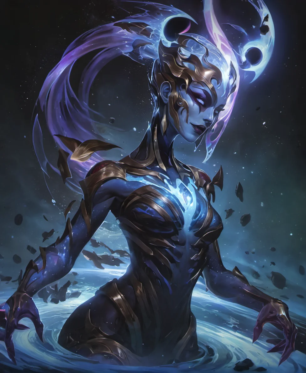 csmicvoid style,hyperdetailed photography of ((beatiful and seductive female)) ,conductive elemental entity ,water elemental life form, (body formed from pure water,aquatic hurricane fused with thunders:1.2) ,floating aquatic particles in the air,elemental powers,angelic light armor infused with magic,epic,analog,masterpiece,8k,aquatic body,(azure blue glowing eyes:1.2),(face tattoos:1.3),wallpaper,detailed face,violent smile,harmonious presence,perfect body proportions,mythological,(art by sandra chevrier,Zhelong Xu,joji shinkawa,alberto seveso:1.3)<lora:cosmicvoidxl-000004:0.9>