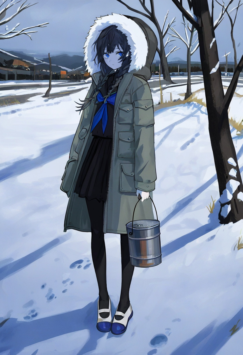 1girl, solo, fur-trimmed hood, school uniform, serafuku, skirt, pantyhose, blue eyes, neckerchief, coat, bucket, fur trim, hood, hooded coat, holding, black pantyhose, pleated skirt, holding bucket, hood up, braid, standing, black skirt, blue neckerchief, twin braids, shoes, fur-trimmed coat, looking at viewer, sailor collar, open coat, black serafuku, hand in pocket, black hair, shirt, pocket, sky, uwabaki, closed mouth, full body, snow, open clothes <lora:shiunXL_NB11_lokr_V6311P:0.95>