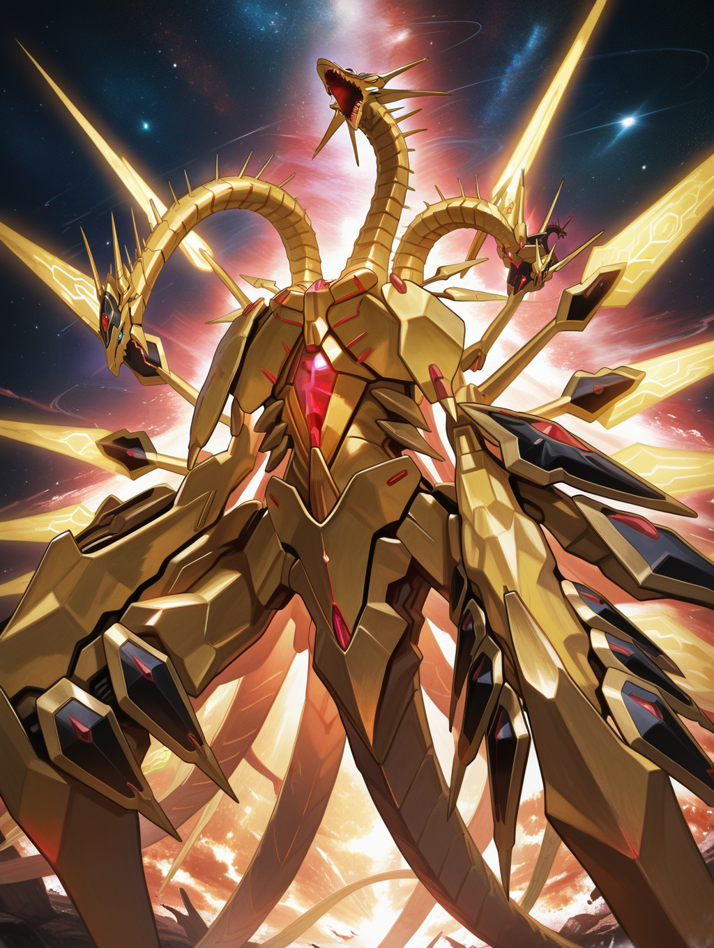 neo galaxy-eyes tachyon dragon,gold mecha dragon,no humans,glowing,space,solo,red eyes,sharp teeth,open mouth,from below,no arms, three heads
masterpiece,best quality,amazing quality,very aesthetic,absurdres,newest,<lora:Galaxy-Eyes Tachyon Dragon illuXL v1:0.9>,