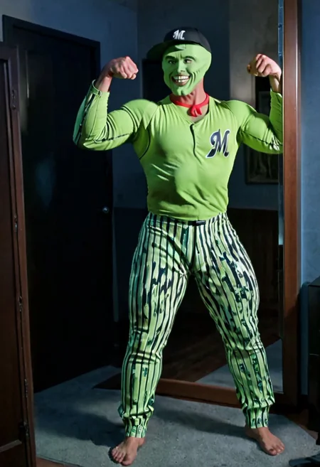 Extremely muscular strong handsome young grinning lustful man with a green head wearing pajamas looking at himself in through a mirror in his flat at night, big bulge, large biceps, wide shoulders, muscular legs, the_mask,chibalotteU, baseball uniform, baseball cap, black cap,pureerosface_v1