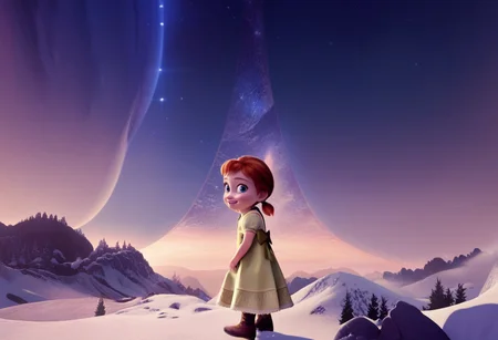 score_9, score_8_up, score_7_up, dramatic lighting, sparkling lights, cinematic, BREAK,
hlrng, horizon, starry sky, snow, mountainous horizon, scenery, dark, darkness, night, night sky, starry sky, star \(sky\), nebula, galaxy,
1girl, solo, full body, anna, child, blue eyes, freckles, auburn hair, twintails, short twintails, green dress, relaxed eyes, perfection, from back, looking back at viewer, smile.