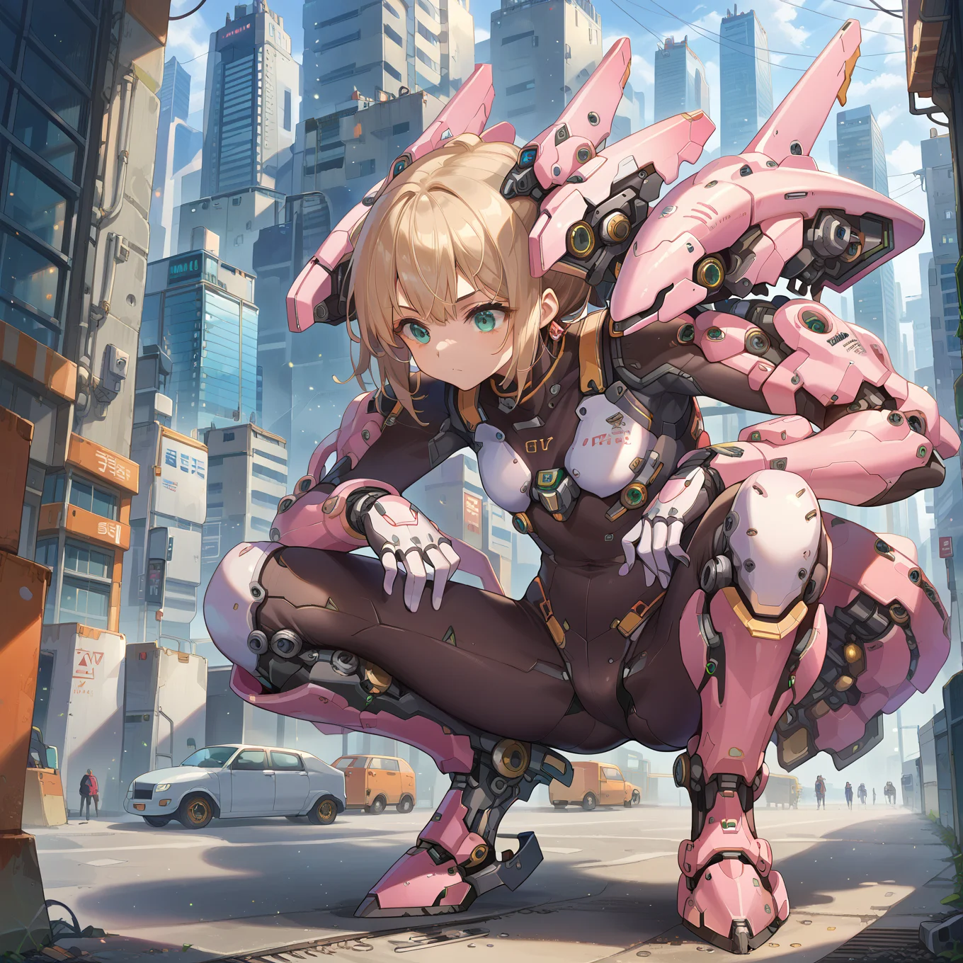 score_9, score_8_up, score_7_up,source_anime,
mechagirl02,
solo,mecha musume, 1girl, bodysuit,mechanical boots, mechanical parts,
light particles,engine, squatting, valtava,
city,
<lora:roboko-000015:0.7>