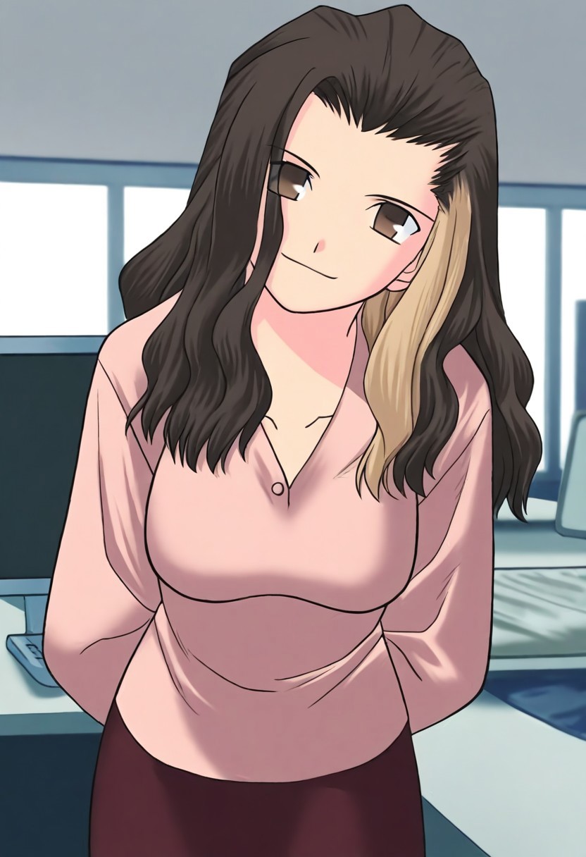 masterpiece, best quality, <lora:Tsukihime NXL:1>,solo,masterpiece, best quality, 
1girl, female focus, large breasts,  solo, brown eyes, brown hair, dark brown hair, black hair, blonde streaks in hair, multi-colored hair, long hair,wavy hair, hair part, side part, hair slicked back, small mouth, short nose, small nose, cute face, 
indoor, office, head tilt, hands behind back, leaning forward, quarter view,  innocent smile, 
computer,
