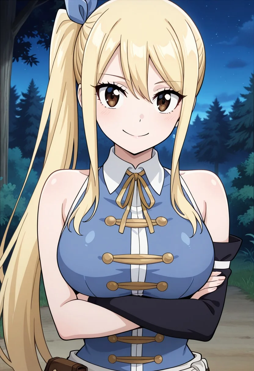 masterpiece, best quality, newest, anime screencap, 1girl, <lora:LucyHeartfiliaAvatartwo_Illu_Dwnsty:1>, lcyhrtavtrctwo, brown eyes, blonde hair, side ponytail, sidelocks, long hair, blue ribbon, hair ribbon, blue shirt, sleeveless shirt, collared shirt, yellow neck ribbon, scrunchie, single detached sleeve, black sleeve, white skirt, brown belt, belt pouch, white sash, perfect eyes, breast, shiny skin, expressive, smile, closed mouth, looking at viewer, crossed arms, erotic pose, forest, night, perfect anatomy