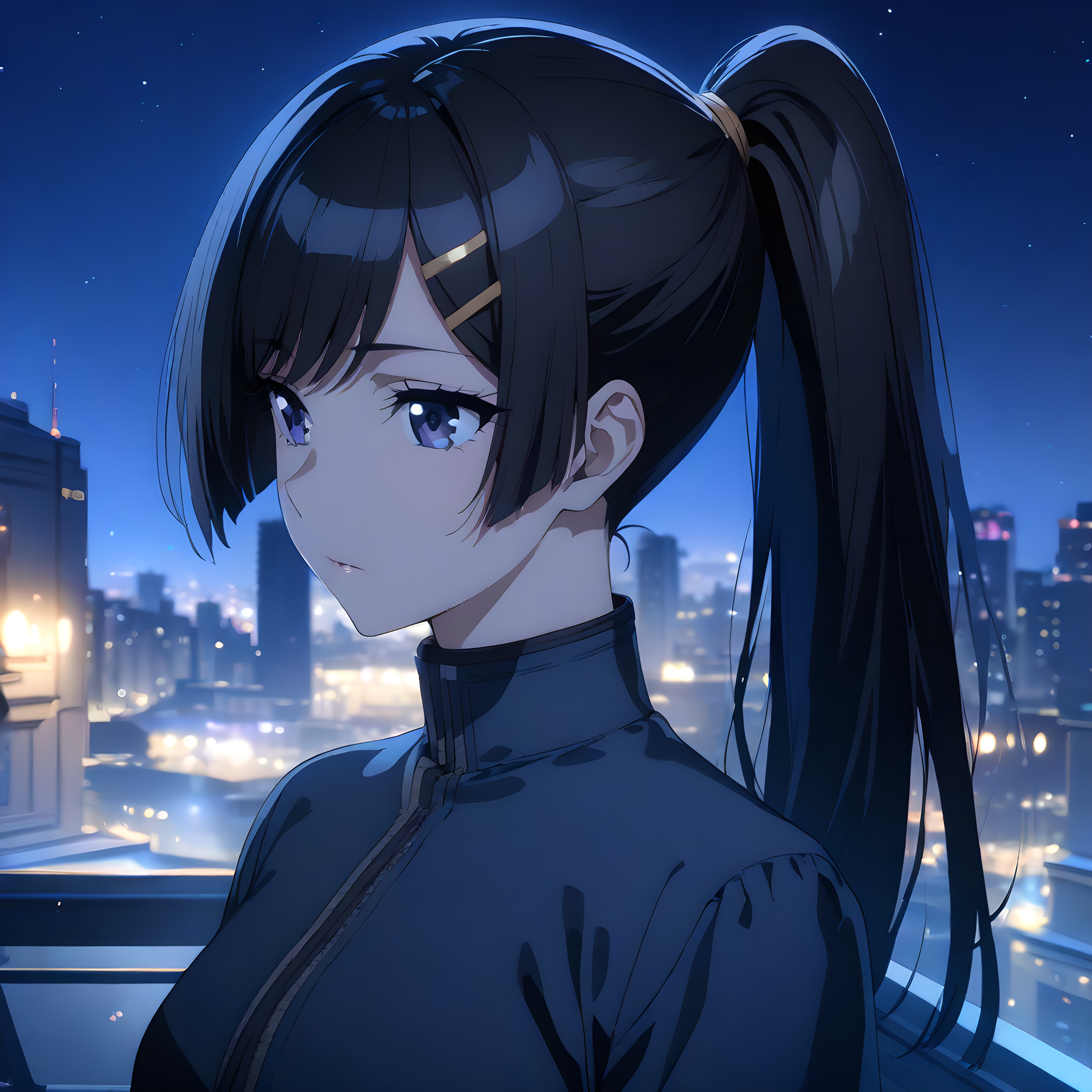 (masterpiece),(best quality),(ultra-detailed),(best illustration),(best shadow),(absurdres),(detailed background),(very aesthetic),otonashi_hibiki, night, blue theme, purple eyes, sky, solo, 1girl, black hair, night sky, hair ornament, hairclip, long hair, ponytail<lora:XL-OtonashiHibiki:1>