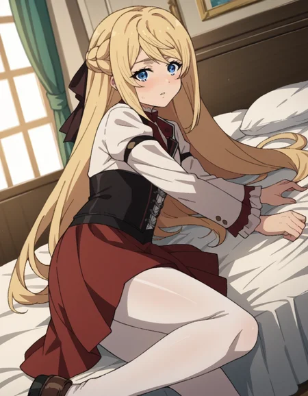score_9, score_8_up, score_7_up, source_anime,
arielanemoiasura, <lora:ariel-anemoi-asura-s2-ponyxl-lora-nochekaiser:1>,
ariel anemoi asura, long hair, blue eyes, blonde hair, braid, french braid,
skirt, long sleeves, pantyhose, frills, shoes, red skirt, loafers, white pantyhose, blazer, white blazer, corset, black corset,
indoors, bed, bed room, on side, blush, drunk,
looking at viewer, dutch angle, cowboy shot,