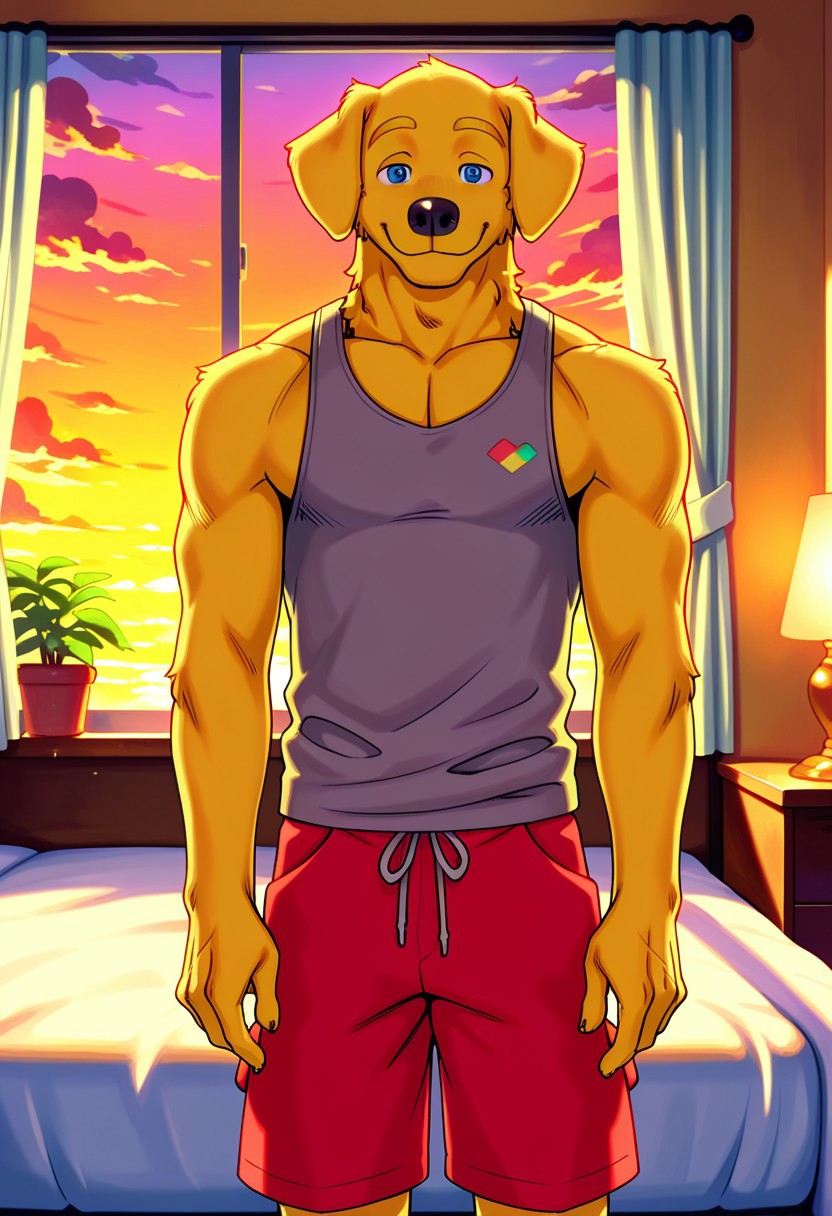 <lora:Travis_PeakeILLXL-05:0.7>, travis_(meesh), blue eyes, dog boy, golden retriever, short hair, 1boy, solo, looking at viewer, best quality, high quality, intricate details, (detailed eyes, detailed), detailed background, bedroom, lamp, window, sunset, clouds, inside, indoors, digital media, (soft shading), muscular male, bara, athletic build,  pectorals, large pectorals, grey tank top, smile, red shorts, posing, feet out frame, close-up