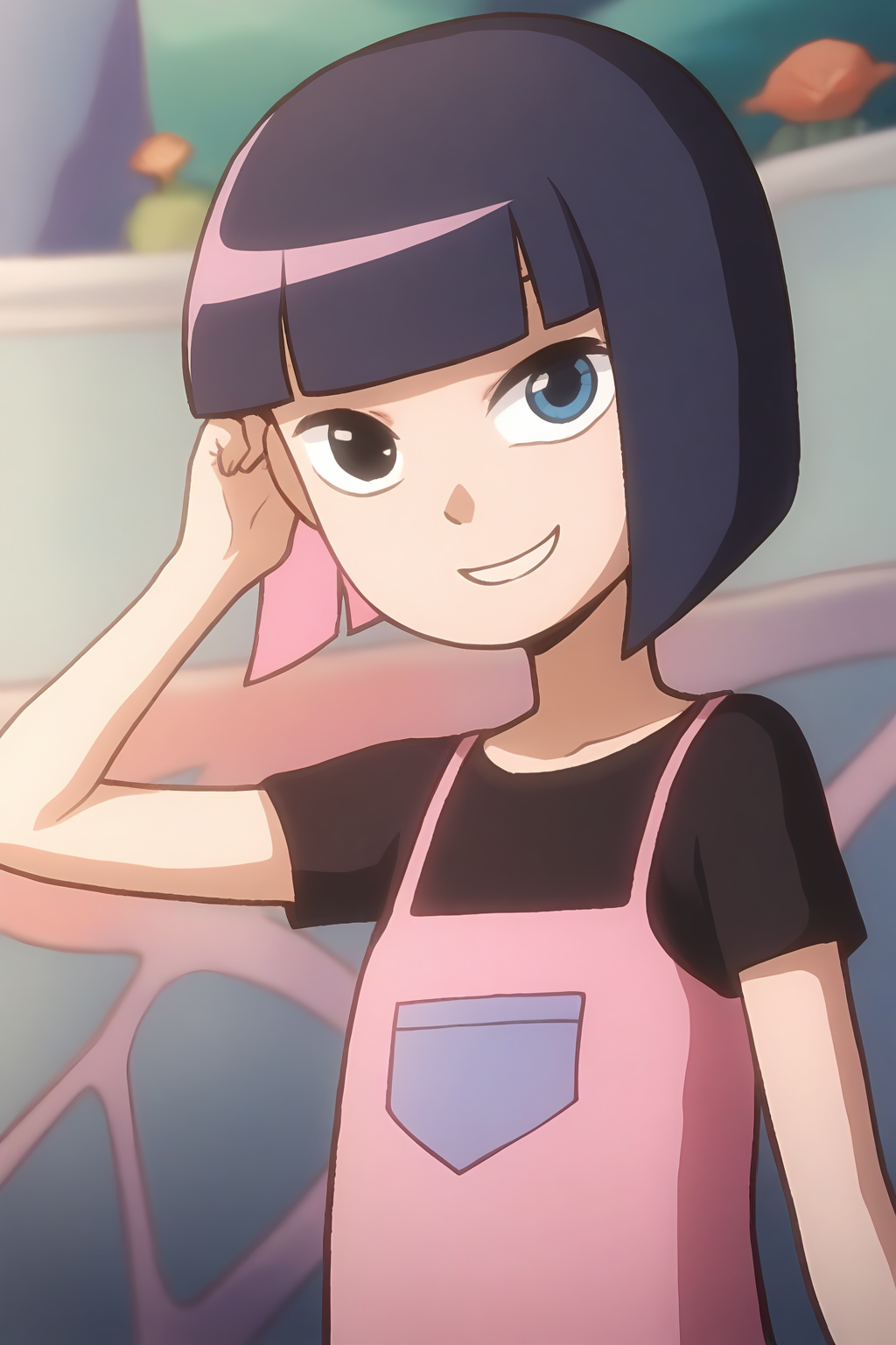 <lora:kele:1>,kele,1girl,solo,black eyes,blue eyes,short hair,two-tone hair,black hair,pink hair,colored inner hair,bob cut,blunt bangs,shirt,t-shirt,black shirt,pink shirt,short sleeves,smile,looking at viewer,, masterpiece,best quality,amazing quality,absurdres, anime screenshot, lazypos ,
