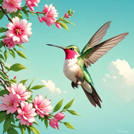 <lora:Ars_Niji_Style_SDXL:1> ArsNijiStyle, Hummingbird, The image is a digital illustration of a hummingbird perched on a branch of pink flowers. The hummingbird is in mid-flight with its wings spread wide and its body slightly tilted to the side. The wings are a vibrant green color with a hint of pink and its beak is a bright red. The branch is covered in pink and white flowers with green leaves and stems. The background is a light blue sky with white clouds. The overall mood of the image is peaceful and serene., no humans, bird, animal focus, flower, branch, blurry, pink flower, depth of field, animal, flying