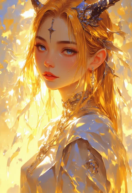 ((Ink style, concept art, anime illustration) anime-style portrait of an elven woman from the waist up, set against a soft, dreamy, abstract background filled with golden haze, glowing particles, and drifting autumn leaves. Her expression is serene and warm, with luminous blue eyes that reflect ancient wisdom. Mystical glowing rune tattoos shimmer softly across her cheeks and forehead. Her long, silky hair flows naturallyâbeginning in a radiant orange and fading gracefully into golden blonde at the tips. She wears a flowing white elven gown adorned with silver and gold embroidery at the shoulders and collar, and sheer veils trailing behind. The lighting is golden-hour soft, with a cinematic glow enhancing her ethereal presence. Focus on fine facial details, anime aesthetic, vibrant color harmony, and magical atmosphere.),  <lora:Elden_Ring_-_Yoshitaka_Amano:0.3>,  <lora:aesthetical:0.9>,  <lora:Midjourney_Lucid_Dreams_FLUX_LoRA-000001:0.7>,  <lora:fantasy-flux-v1:0.8>, <lora:m:0.75>