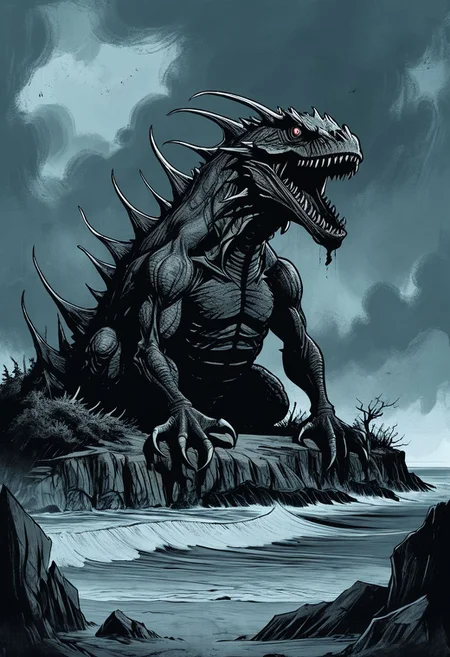 concept art, ink art,
Giant sea monster beached on a island on a dark stormy day, waves,