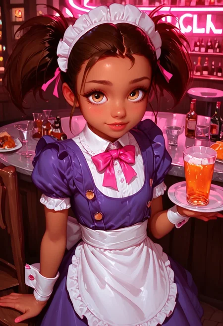 score_9, score_8_up, score_7_up, score_6_up, (g0th1c, glowing, neon lights), high quality, morimee_style, cute face, Expressiveh, 1girl l, solo, (Manon Chamack, short female, tan skin female, brown hair, hair pulled back into two ponytails, two ponytails, golden-brown eyes, two upper front buck teeth, flat chest, (((, maid, purple dress, maid headdress, detached collar,, white frills , flower ribbon, pink arm garter, wrist cuffs))), waitress, waitress job, Tray on hand, tray, smile, happy, joyful, gigantic jar of beer, looking a view, BREAK, bar, club, drinks, alcohol bottles, chairs, tables
