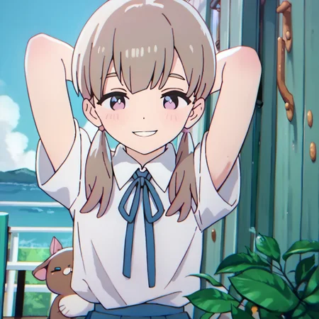 score_9, score_8_up, score_7_up BREAK MCafeGirl, 1girl, light brown hair with pink accents, pigtails, purple eyes, short-sleeve white shirt, blue ribbon tie, pleated blue skirt, white knee high socks, brown mary jane shoes, smiling at viewer, hands behind head, cowboy shot,