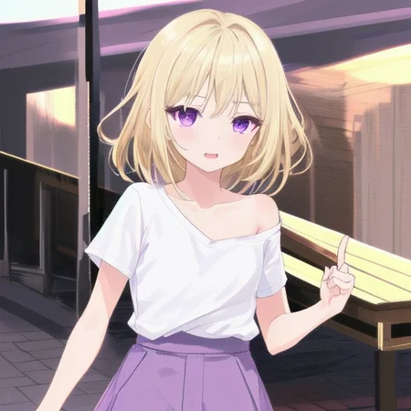 finger suking,1girl,<lora:char-mygoä¸è§åè¯ Misumi Uika (Bang dream! Ave Mujica):0.7:lbw=1,0,0,0,0,1,1,1,1,0,0,0,0,0,0,0,0>,
misumi uika,bright blonde hair,purple eyes,shoulder-length hair,white shirt,short sleeves,light_brown_skirt,flat chest,