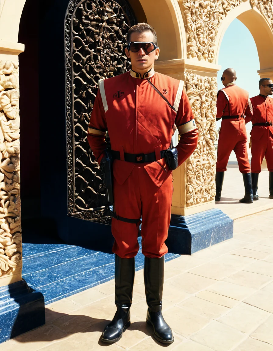 UHD, 8K, ultra detailed, highly realistic photo of UHD, 8K, ultra detailed, full body shot, highly realistic photo of man wearing sunglasses with red uniform ,OverallDetailXL <lora:VTVSeries_SDXL_v1:1>