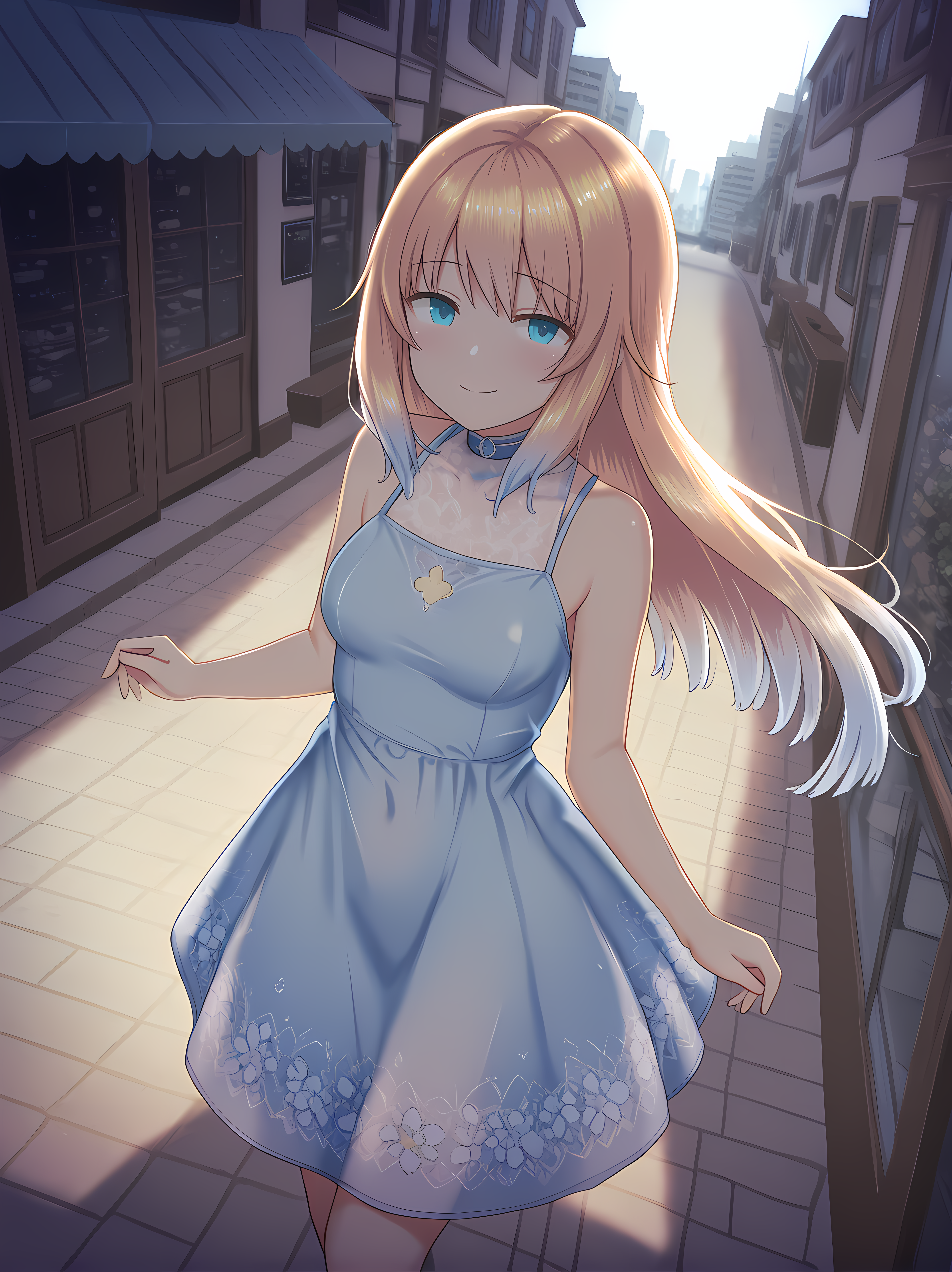 celesphonia,shimo,masterpiece,highest quality,(anime girl:1.3) with (long flowing hair:1.2),(bright blue eyes:1.1),(smiling:1.2),wearing a (delicate lace dress:1.2) with (floral patterns:1.1),intricate details,vibrant colors,soft lighting,dreamy background,high resolution,ethereal atmosphere,whimsical elements,pastel tones,<lora:Celesphonia_and_Selenoxia:1>,portrait,vibrant cityscape,(charming outdoor cafe:1.3) bustling with (people:1.2),(colorful umbrellas:1.1) shading tables,(aromatic coffee:1.2) steaming,(fresh pastries:1.1) displayed,lively atmosphere,(sunlight filtering:1.2) through trees,(urban architecture:1.3) in the background,warm tones,inviting scene,high resolution,detailed texture,from above, dutch angle, dappled sunlight,, masterpiece, best quality, amazing quality, very aesthetic, absurd, newest, detailed eyes