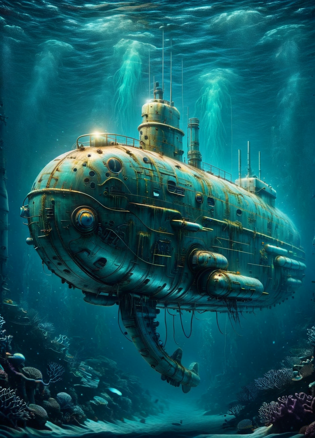 An ais-trnshd submarine exploring the depths of the ocean, illuminated by bioluminescent creatures <lora:ais-trnshd-sdxl:1>