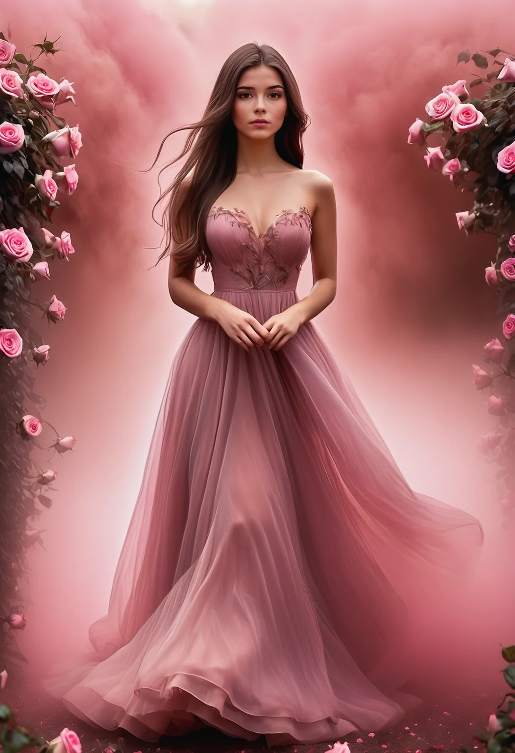 score_9, score_8_up, score_7_up, score_6_up, score_5_up, score_4_up, 1girl, the dress is surrounded by pink mist <lora:heartmiststyle-000001:0.9>, 24yo woman, brown hair, long straight hair, brown eyes, she is in a magical garden with floating roses, her dress is blowing magically in the wind, the dress is surrounded by pink mist <lora:seij:0.9>