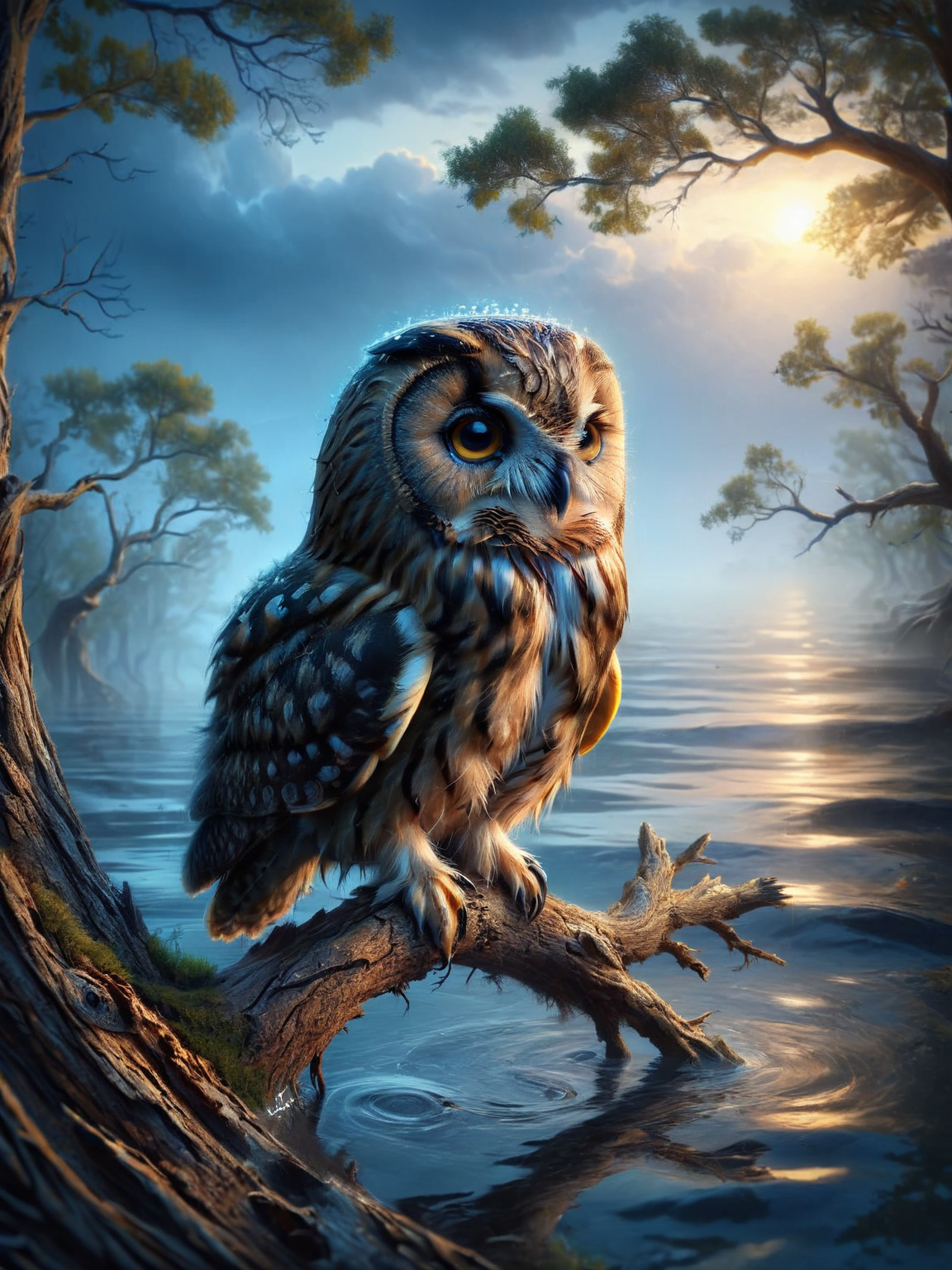 ais-fld a wise old owl sitting on a gnarled tree branch at dusk <lora:Flooded_SDXL:1>