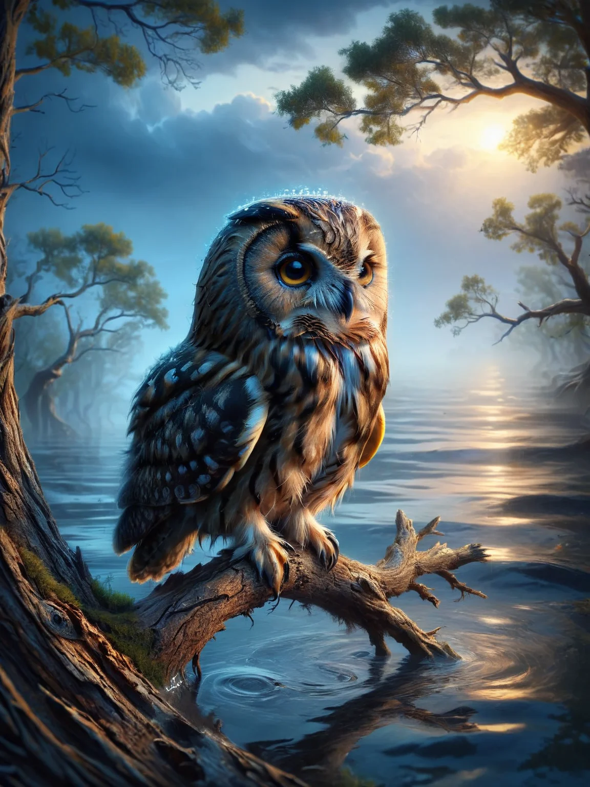 ais-fld a wise old owl sitting on a gnarled tree branch at dusk <lora:Flooded_SDXL:1>