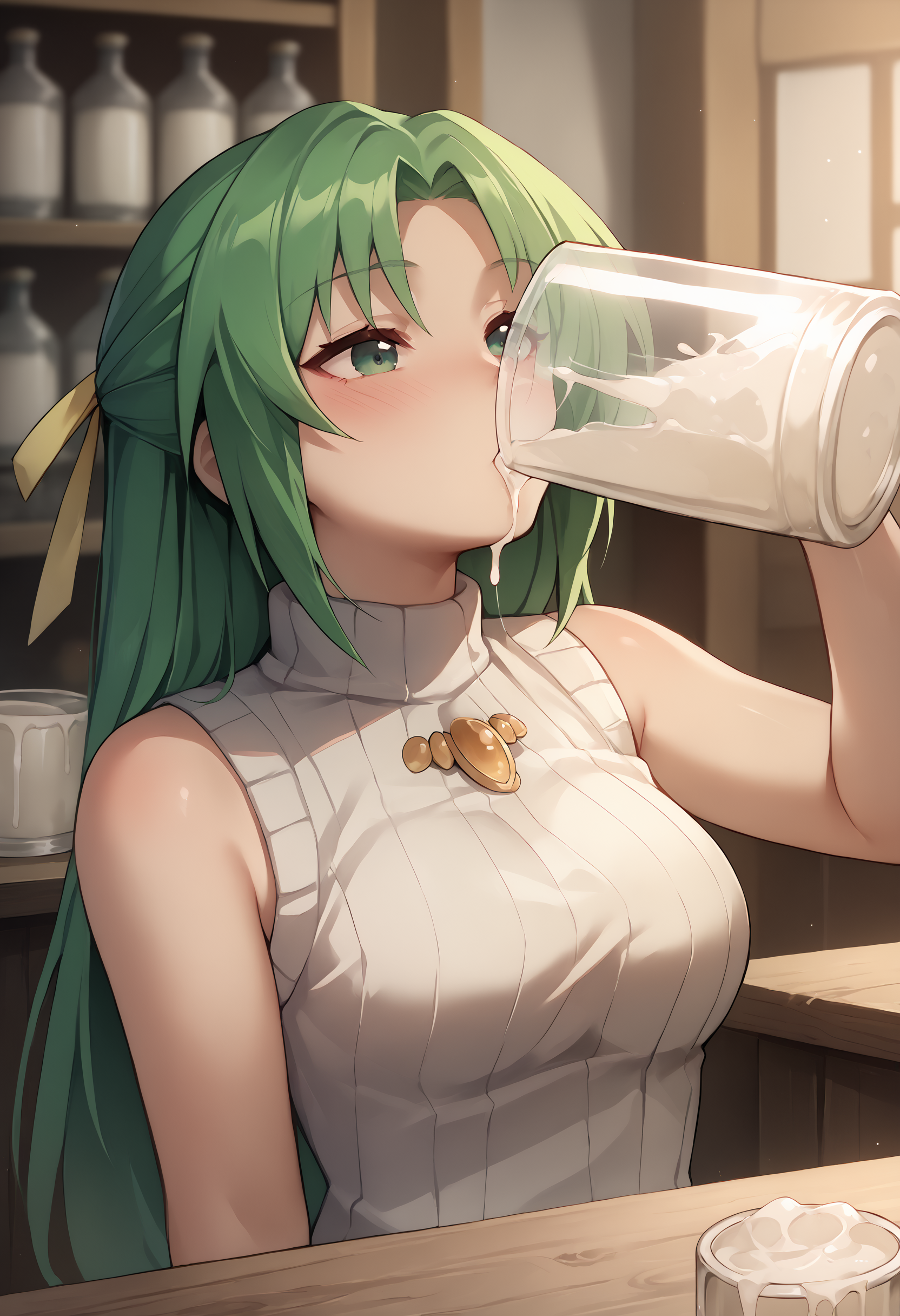 score_9, score_7_up, 1girl, drinking cum, beer mug,       <lora:Gokkun 3:1> <lora:Shion renew :1> shi, green hair, long hair, green eyes, hair ribbon, white turtleneck sweater,  brooch, sleeveless,