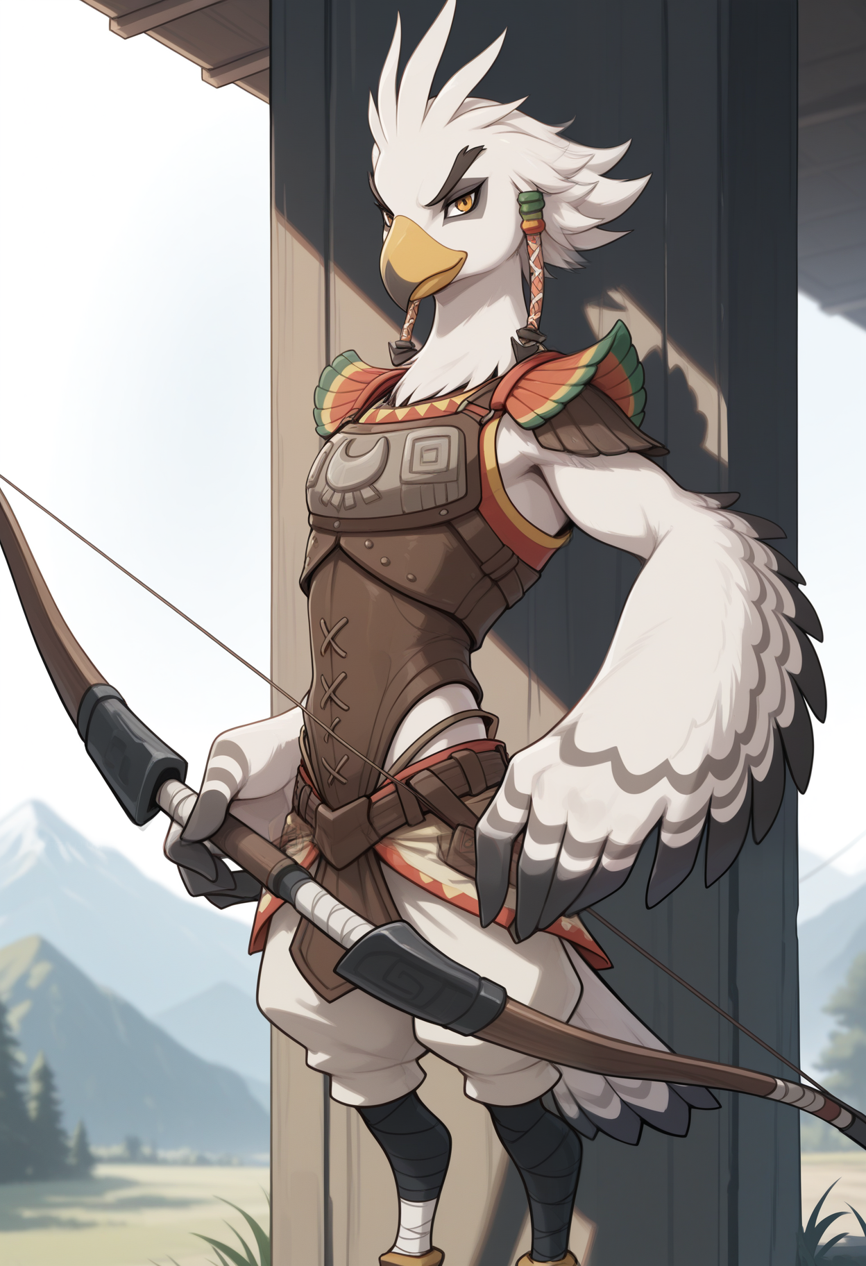 masterpiece,best quality,amazing quality, 1boy, solo, 1boy, t3b4, bow (weapon), bird boy, leg bandages, shoulder armor, hair ornament, 