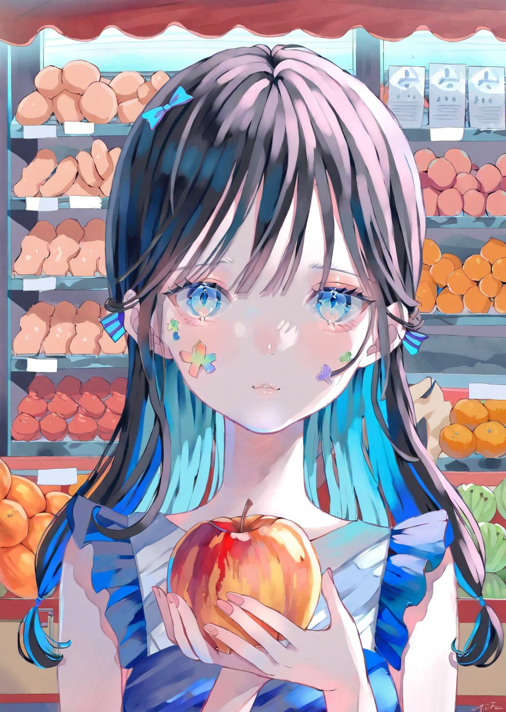 (by  poire)
1girl in a lively marketplace. She explores colorful stalls filled with exotic fruits, her eyes wide with curiosity. A gentle breeze ruffles her hair as she samples a piece of fruit, her expression a mix of delight and wonder
 best quality, masterpiece,