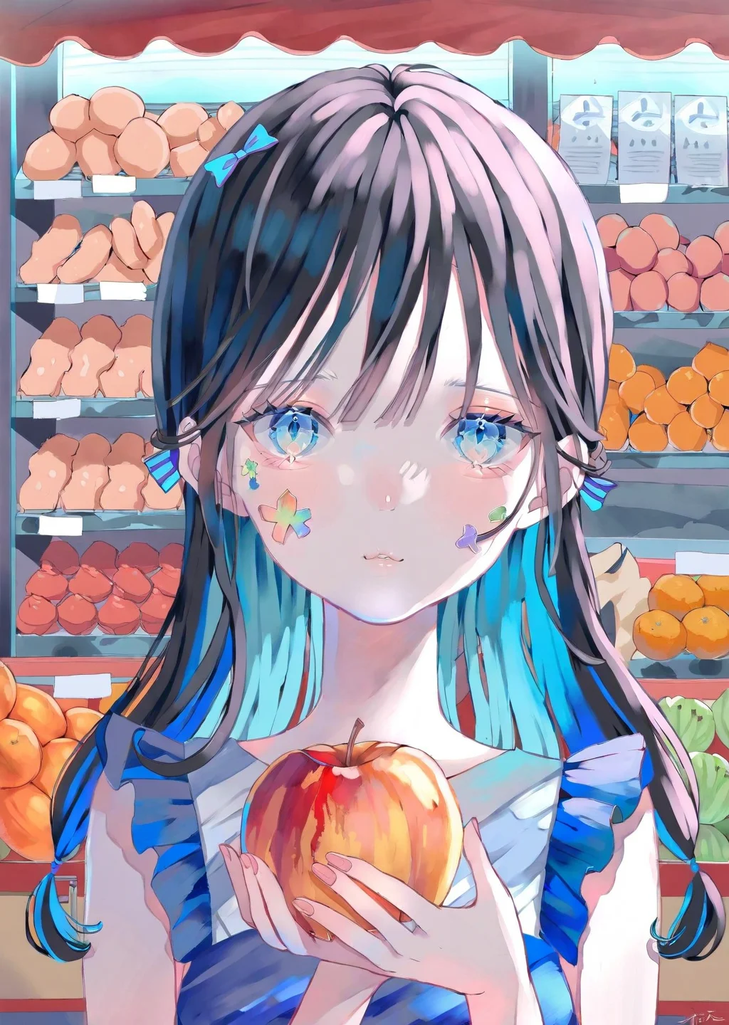 (by poire)
1girl in a lively marketplace. She explores colorful stalls filled with exotic fruits, her eyes wide with curiosity. A gentle breeze ruffles her hair as she samples a piece of fruit, her expression a mix of delight and wonder
best quality, masterpiece,