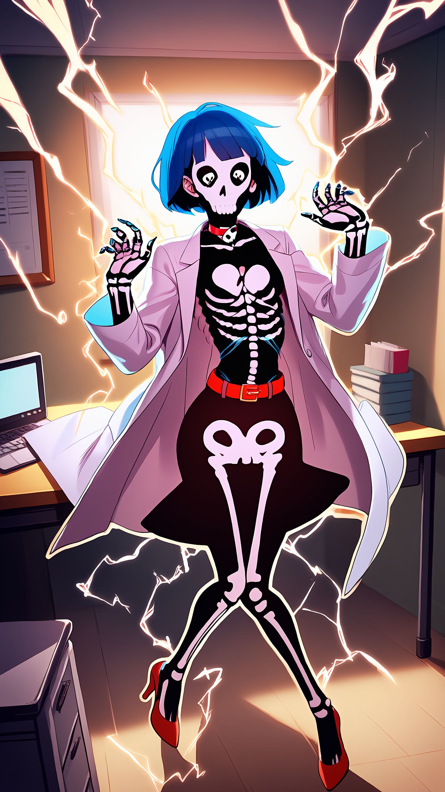 ((masterpiece)), (top quality), (best quality), (official art, beautiful and aesthetic:1.2), extreme detailed,colorful,
score_9, score_8_up, score_7_up,
source_animate,
zPDXL, zPDXLxxx,
((solo)), (((1girl))),
indoors, clinic,
office desk, computers,
lightning strike,
<lora:zs_TakemiXL:0.1>, takemicasualp5, short hair, bob cut, black hair, blue hair, choker, necklace,
(small breast),smokey eyes,
labcoat, black dress, red belt, cleavage, high heels, black pantyhose,
hands up, jumping,
BREAK
<lora:Beholder_style:0.1>, (outline:1.4), (silhouette:1.4),
<lora:Cartoon_Electrocution:1>, (electrocut1on1.6), (skeleton1.5), (ribs:1.5), (skull:1.5), (electricity:1.5),
BREAK