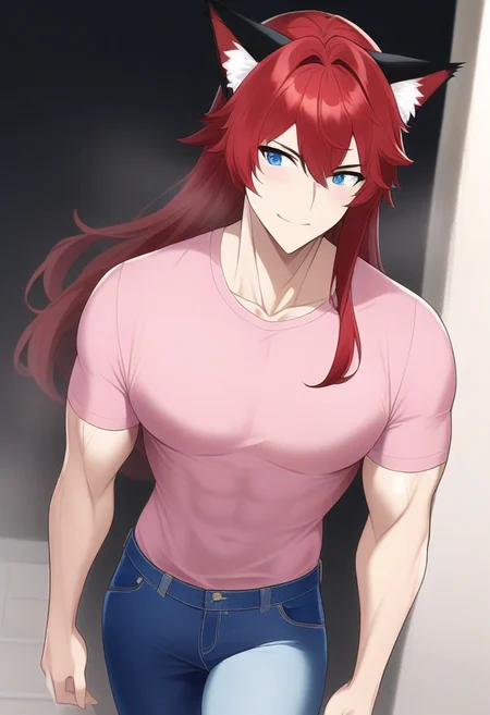 masterpiece, best quality, amazing quality, NAI A1, 5 fingers, 1male, solo, male focus, manly, red cat ears, red hair, long hair, pink shirt, jeans, blue pants, standing, smile, looking aside, park