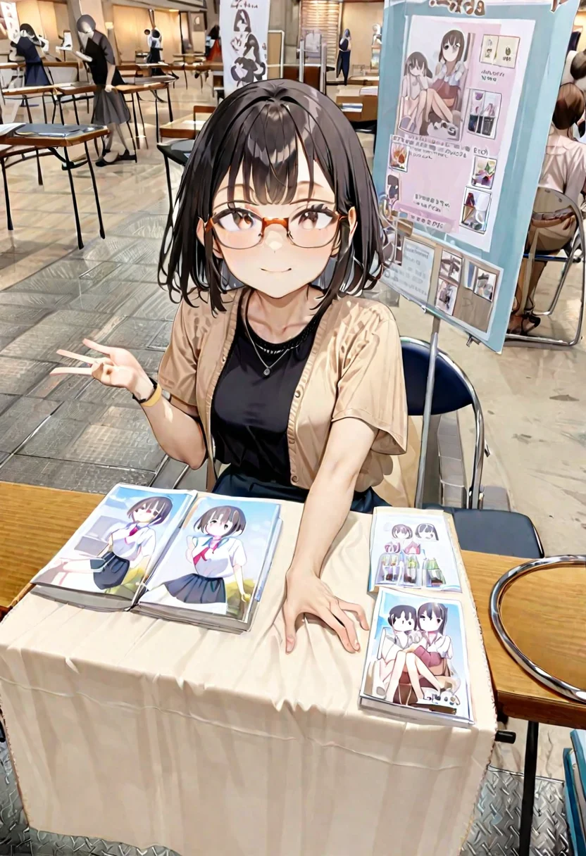 masterpiece, best quality, very aesthetic, absurdres,
1girl, solo, glasses, black hair, medium hair, looking at viewer, smile, short sleeves, shirts, skirt, sitting,
ccs, table, chair, book, poster (object), photo background
<lora:comiket_circle_space_SDXL_V1:1>