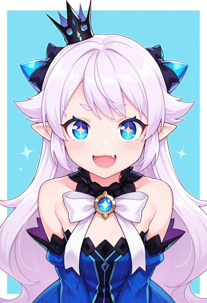 (masterpiece, best quality, highres, very aesthetic, very awa), (artist:hwansang:0.8), 1 girl, Lubase, ElsLuBase, white hair, long hair, blue eyes, lu eyes, + +, pointy ears, mini crown, LuBase bow, LuBase dress, detached sleeves, lubase sleeves, close up, looking at viewer,open mouth, smile, fang