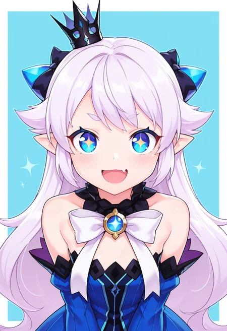 (masterpiece, best quality, highres, very aesthetic, very awa), (artist:hwansang:0.8), 1 girl, Lubase, ElsLuBase, white hair, long hair, blue eyes, lu eyes, + +, pointy ears, mini crown, LuBase bow, LuBase dress, detached sleeves, lubase sleeves, close up, looking at viewer,open mouth, smile, fang