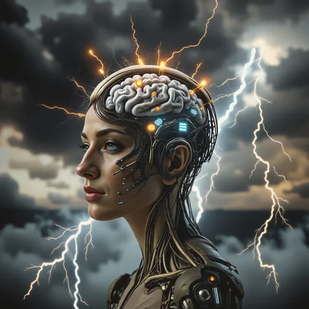 bailing_lightning, style of H. R. Giger. A woman with a cybernetic enhancement on her head mimicking a biopunk brain, surrounded by micro lightning bolts. a bionic body with an exoskeleton, dark and sleek, futuristic, sci-fi, dramatic sky with dark clouds and micro lightning bolts that strike her head, digital artwork, realistic and detailed, CGI, futuristic and intense, created using advanced software and techniques.  <lora:flux/Realism 2>, <lora:moxiePunk_v20> <lora:art and styles/FL-bailing-24-0824lightning-000003.safetensors:0.7>, bailing_lightning, <lora:scifi/dvr-transformers-flux.safetensors:1.0>,  <lora:artist/style of H. R. Giger FLUX 295-000006.safetensors:1.0>, style of H. R. Giger