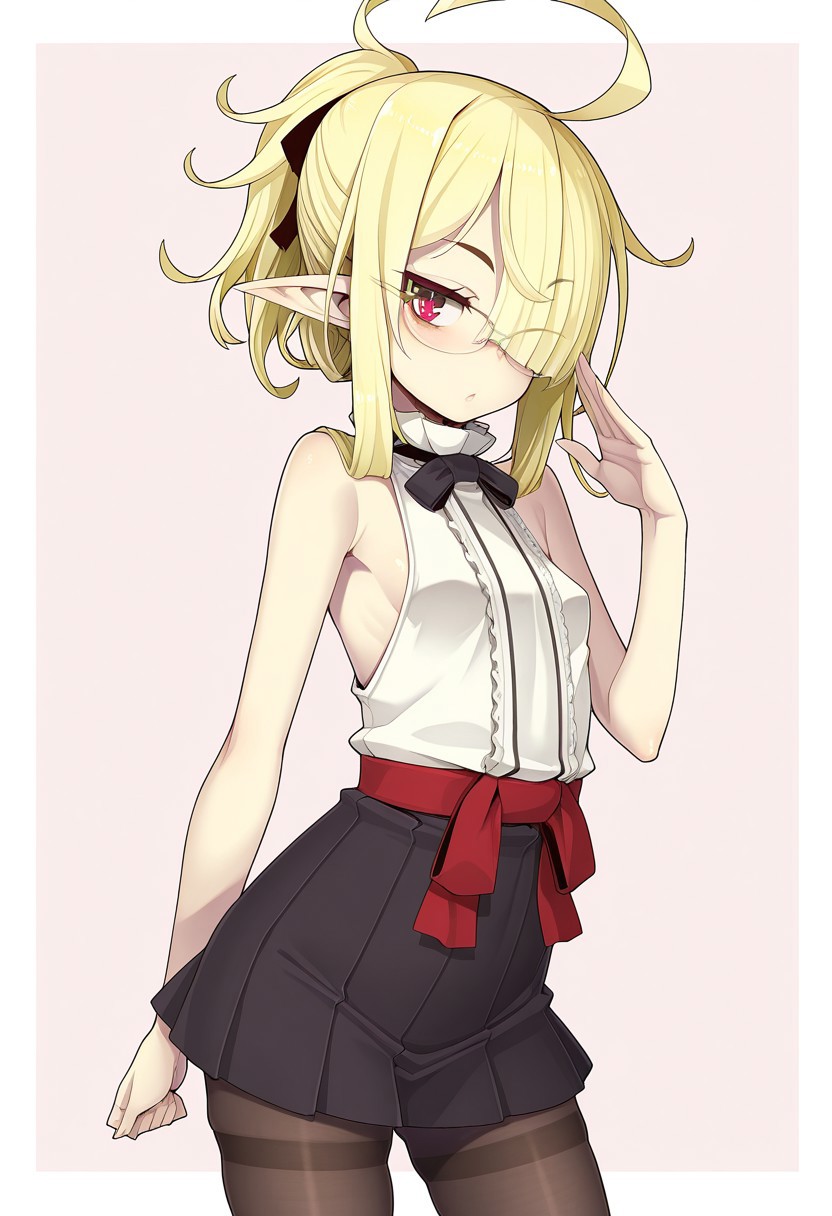 (1girl, solo) <lora:Airi_-_Ogami_Kazuki:1> airi, 1girl, blonde hair, glasses, red eyes, ahoge, hair over one eye pantyhose, skirt, pointy ears, sleeveless shirt,  ,(skindentation:1.2), shiny skin, shiny body, shiny hair, (best quality) , (highly detailed) ,((masterpiece)), ((best quality)), (ultra-detailed), ((extremely detailed)), (high resolution), 4K, (8K), best quality, (beautiful), (super detailed skin), sharp focus,detailed eyes、,shindol style, Shindol