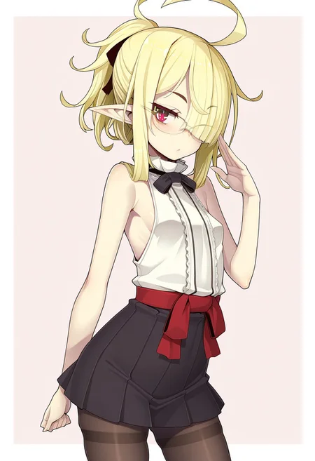 (1girl, solo) <lora:Airi_-_Ogami_Kazuki:1> airi, 1girl, blonde hair, glasses, red eyes, ahoge, hair over one eye pantyhose, skirt, pointy ears, sleeveless shirt, ,(skindentation:1.2), shiny skin, shiny body, shiny hair, (best quality) , (highly detailed) ,((masterpiece)), ((best quality)), (ultra-detailed), ((extremely detailed)), (high resolution), 4K, (8K), best quality, (beautiful), (super detailed skin), sharp focus,detailed eyes、,shindol style, Shindol