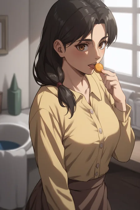 score_9, score_8_up, score_7_up, BREAK source_anime, <lora:carla yeager-PonyXL-lora-Faxtron:0.8> carla yeager, tucked-in yellow shirt, long sleeves, brown skirt,