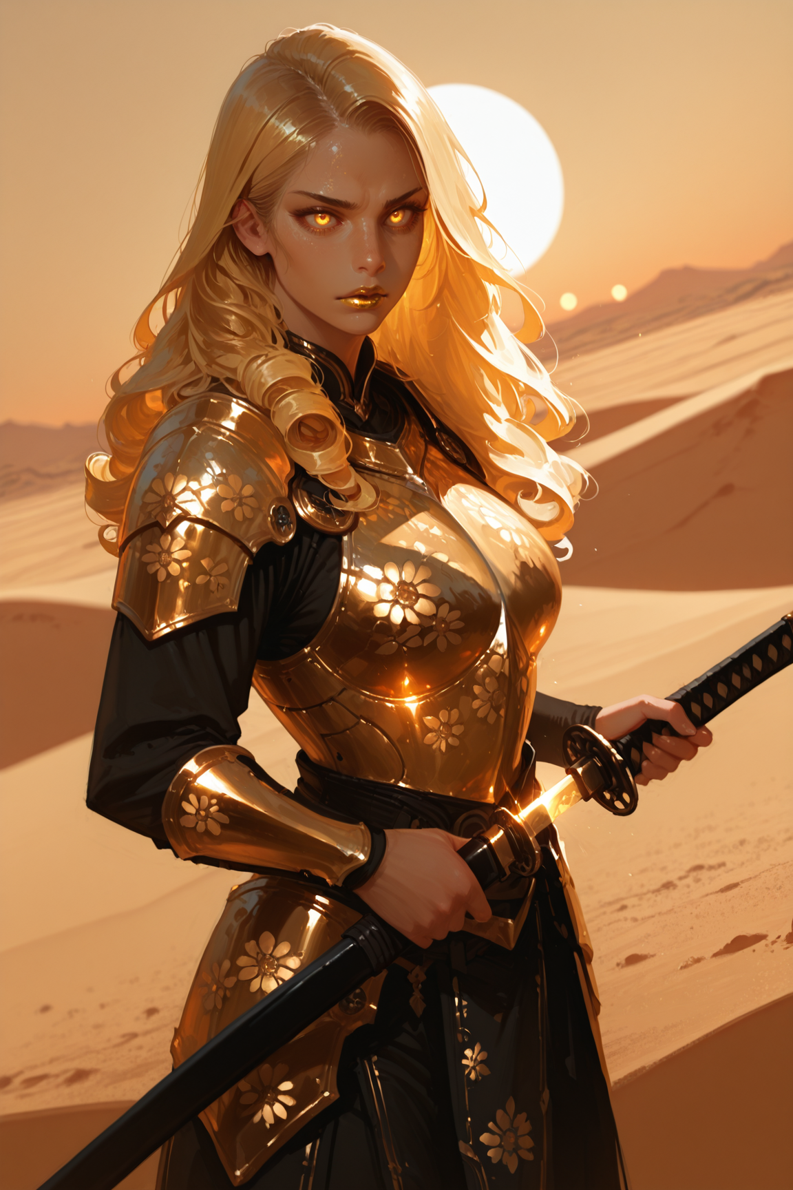 1girl, solo, weapon, katana, unsheathing, golden light, glowing, armor, golden eyes, long curly blonde hair, desert landscape, sunset, golden sand, holding sword, determined expression, golden floral patterns on armor, gold lips, <lora:Detailer_NoobAI_Incrs_v1:0.75>, masterwork, masterpiece, best quality, , dynamic pose,,  dynamic angle, , ,  (lineless:1.2), detailed, depth of field, dynamic lighting, blurry, (cheekbones:0.85), (realistic:1.2)
adult, aged up, ultra-HD, cinematic lighting, photorealistic, (impressionism:1.5), high detail  ,masterpiece, best quality, very aesthetic, 8k,