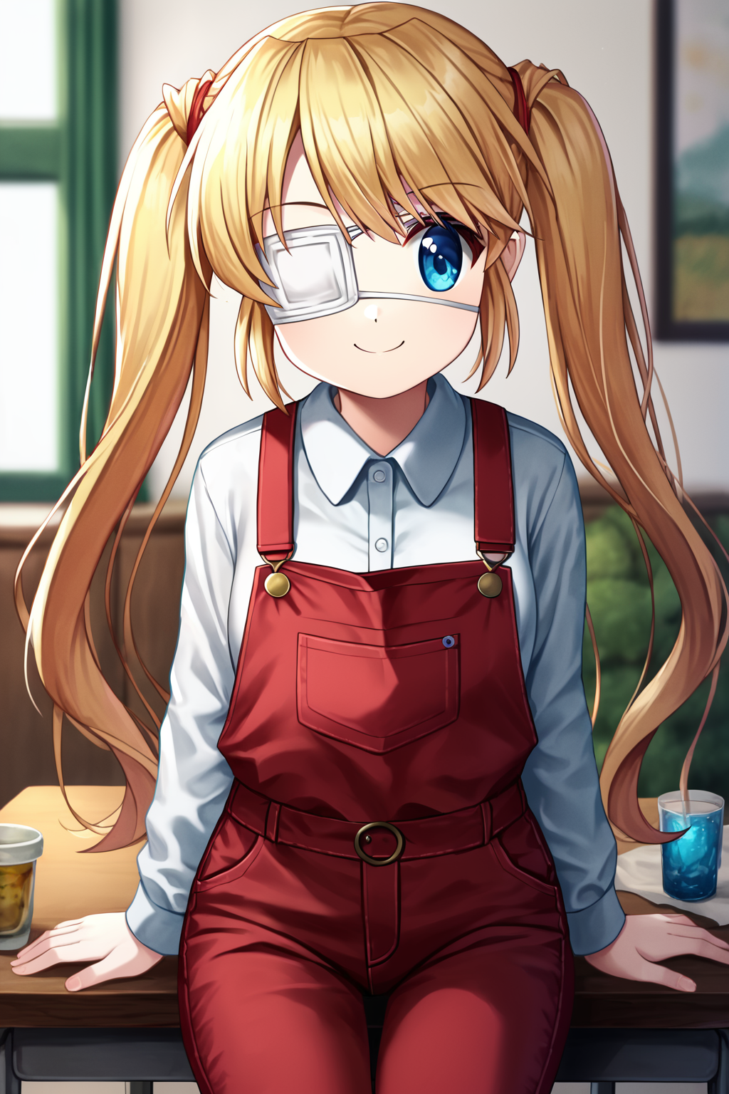 score_9, score_8_up, score_7_up, score_6_up, rating_safe, source_anime, best quality, masterpiece, detailed eyes, detailed background, dining room, sitting on chair, table, (saury fish), <lora:nakatsu-shizuru-xl-03:1>, nakatsu shizuru, medical eyepatch, white shirt, (red overalls), long odango twintails, blue eye, smile,