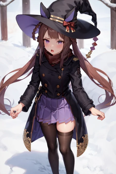 masterpiece, best quality,
sweep tosho \(umamusume\),
witch hat, hard breathing, open mouth, standing, winter,
red scarf, long sleeves, buttons, black coat, double-breasted, coat, pleated skirt, purple skirt, purple thighhighs, brown footwear, shoes,
<lora:sweep_tosho_locon_0.99:0.8>