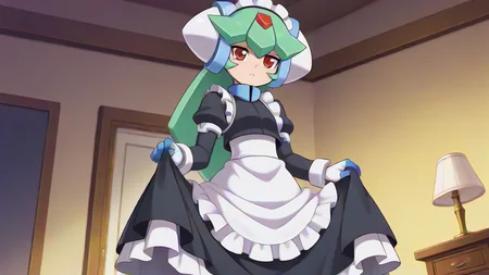 solo, dynamic camera,, masterpiece, best quality, amazing quality, very aesthetic, absurdres, newest, anime screencap, <lora:pandoraILM:1.6>, pandora (mega man), yabe makoto, mega man zx, android, bangs, red eyes, long hair, very long hair, green hair, white helmet, headwear, forehead jewel, robot ears, small breasts, joints,, maid, maid apron, frills, frilled dress, black dress, maid headdress, modern house,