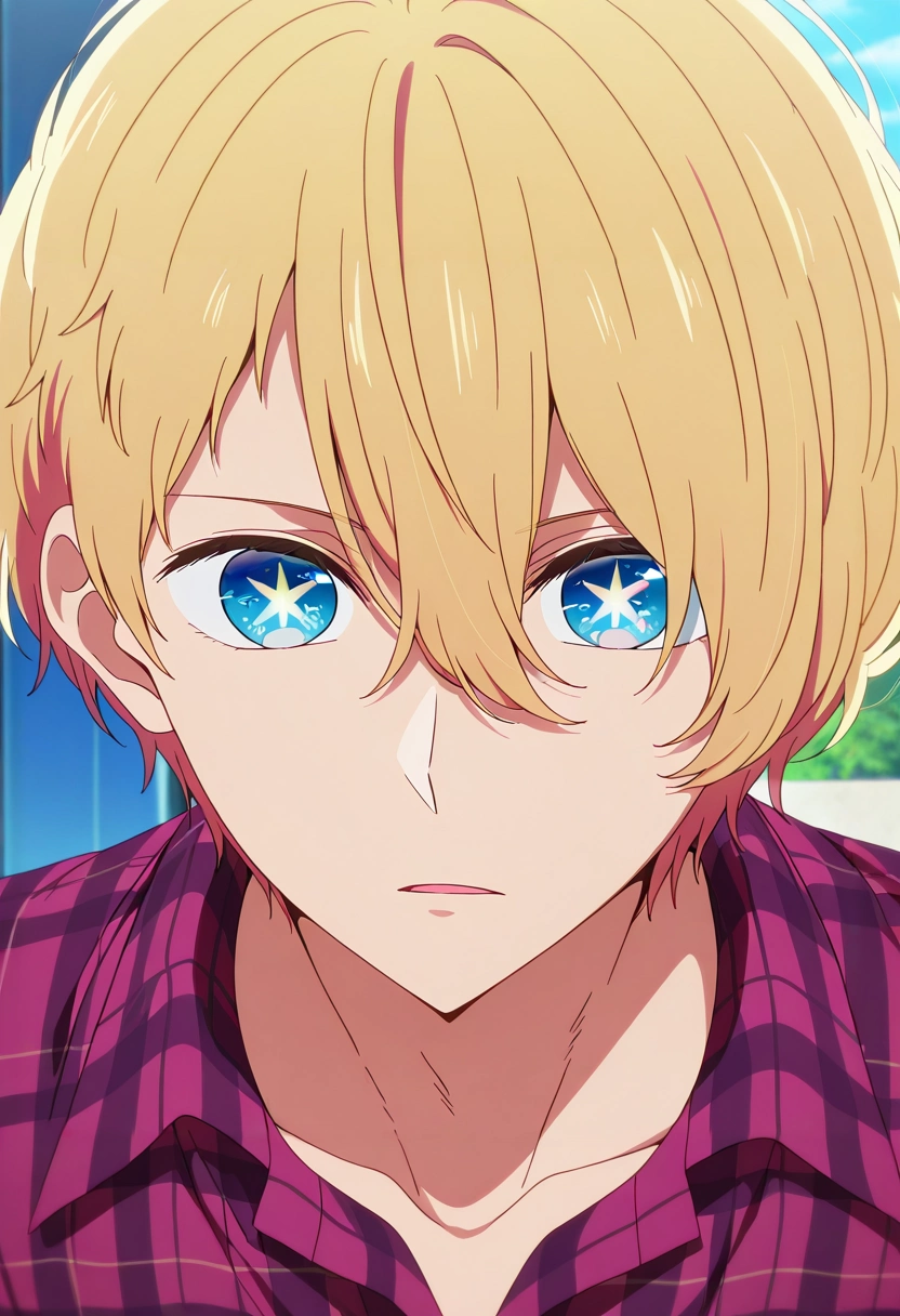 masterpiece, best quality, , anime screencap, anime coloring, , , 1boy, solo, male focus, <lora:aquamarine_hoshino_ilxl:0.96>, aquamarine_hoshino, blonde hair, blue eyes, bangs, hair between eyes, short hair, symbol-shaped pupils, star-shaped pupils, , Purple Tribal Georgette Linen trousers, Flannel shirt, , ,