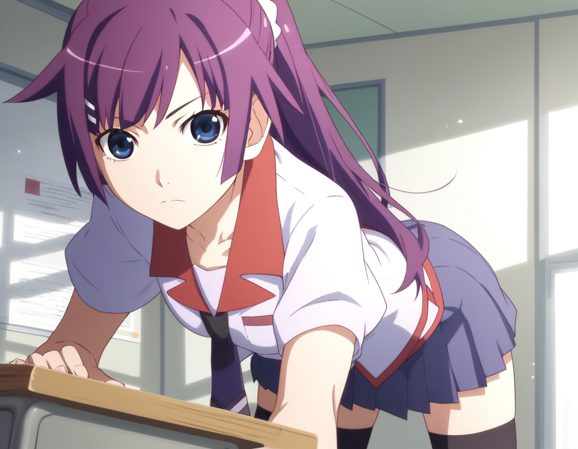 score_9, score_8_up, score_7_up, source_anime,
hitagisenjougahara, <lora:hitagi-senjougahara-anime-ponyxl-lora-nochekaiser:1>,
hitagi senjougahara, long hair, bangs, ponytail, sidelocks, scrunchie, blue eyes, purple hair,
skirt, thighhighs, school uniform, necktie, black thighhighs, zettai ryouiki, naoetsu high school uniform,
indoors, classroom, bent over,
looking at viewer, cowboy shot, dutch angle,