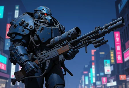 1man, A heavily armored warrior in futuristic black power armor stands confidently, wielding a massive gatling gun. The armor is bulky, with reinforced plating, large shoulder pads, and complex mechanical joints. The helmet has a slit like visor and built from multiple triangular metallic elements, giving the character a rugged, battle-hardened look. The gatling gun features a drum magazine, with visible wiring and mechanical components, emphasizing its powerful nature. The character exudes strength and resilience, with an imposing and intimidating stance, full shot, full body visible, ultra realistic, masterpiece, he walks in a deserted road, distant cyberpunk metropolis, night time, neon light lights the sky.