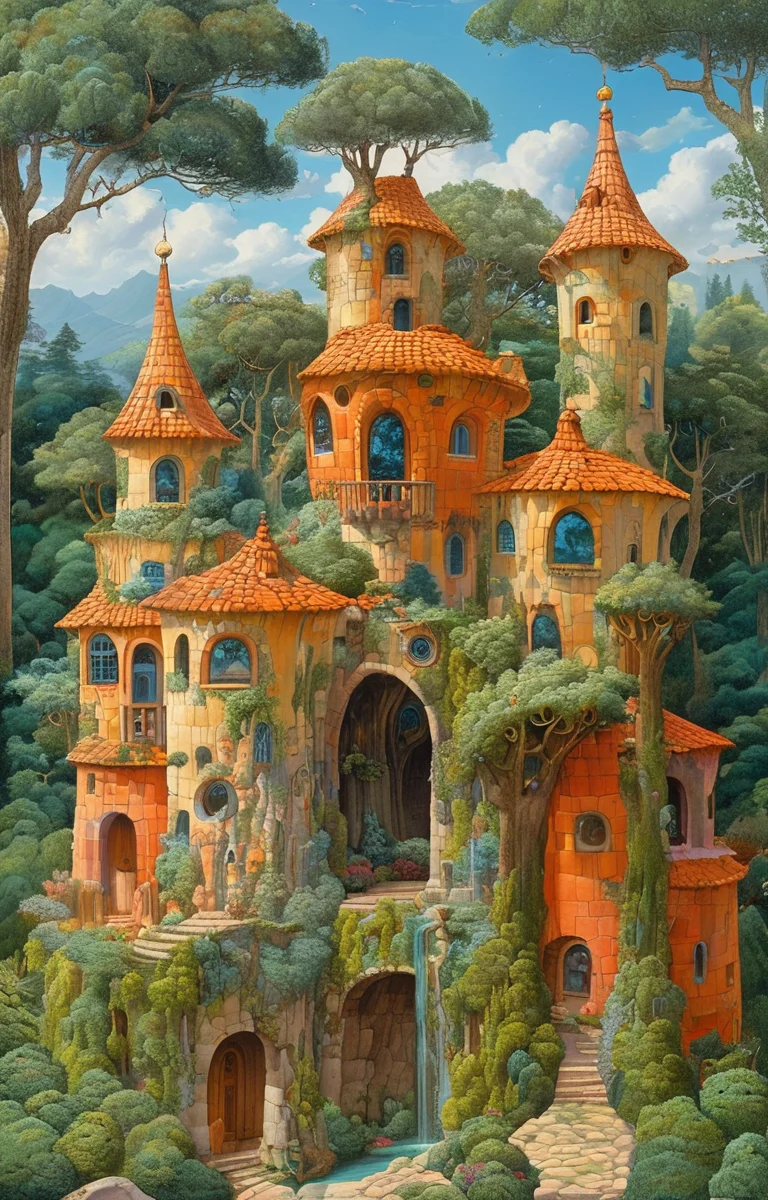 masterpiece,best quality,<lora:tbh306-sdxl:0.9>,illustration,design by Michael Graves, Whimsical treehouse complex in a lush forest, channeling the spirit of Antoni Gaudí