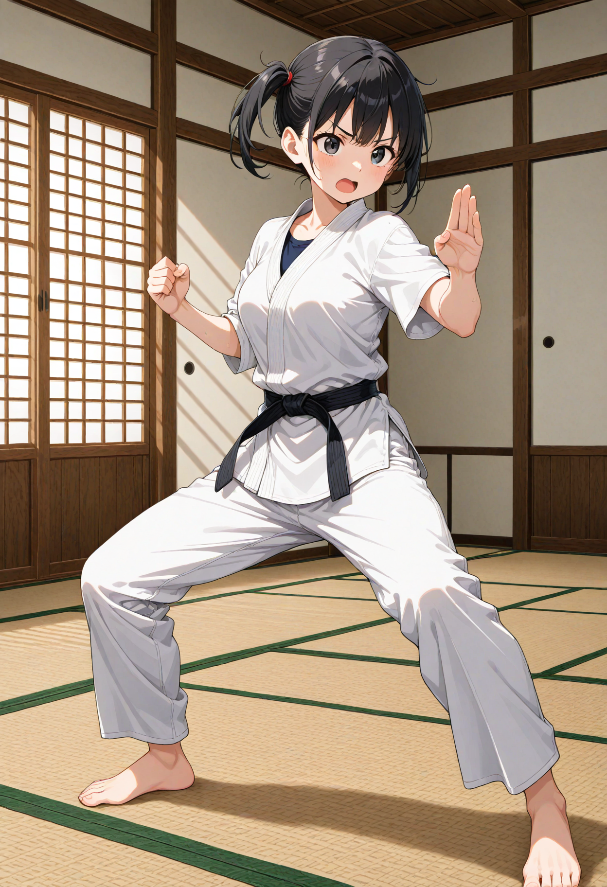 1girl, solo, black hair, side ponytail, black eyes, (karate gi), t-shirt, medium breasts,  
fighting stance, v-shaped eyebrows, open mouth, sweatdrop,
indoors, dojo, tatami, full body, 
general, masterpiece, best quality, very aesthetic, absurdres, anime coloring,, <lora:dmd2_sdxl_4step:1>