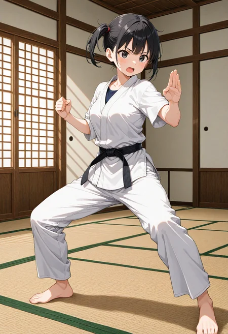1girl, solo, black hair, side ponytail, black eyes, (karate gi), t-shirt, medium breasts,  
fighting stance, v-shaped eyebrows, open mouth, sweatdrop,
indoors, dojo, tatami, full body, 
general, masterpiece, best quality, very aesthetic, absurdres, anime coloring,, <lora:dmd2_sdxl_4step:1>